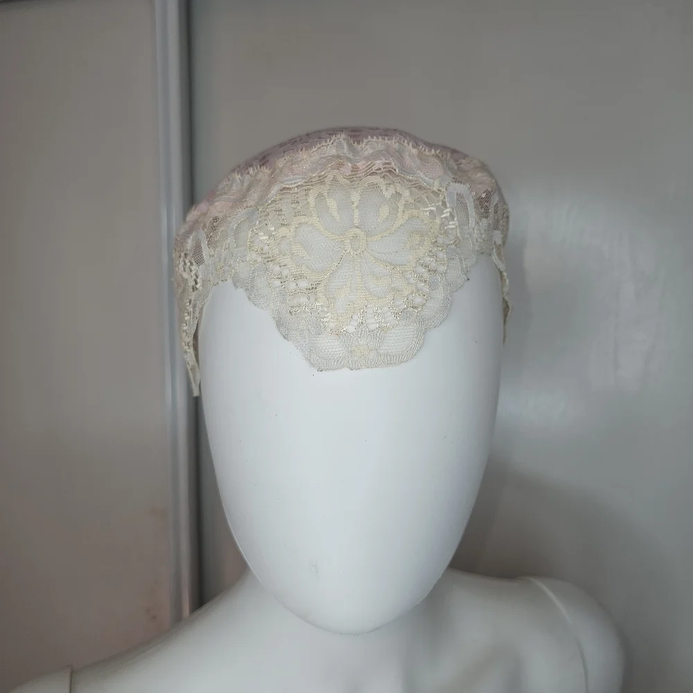 Elegant Cream/Pink Lace Trim Head Covering